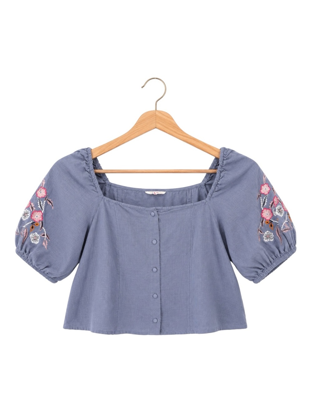 Blue Peasant Embroidered Puff Sleeve Crop Top Cottagecore Boho Floralâ Size L